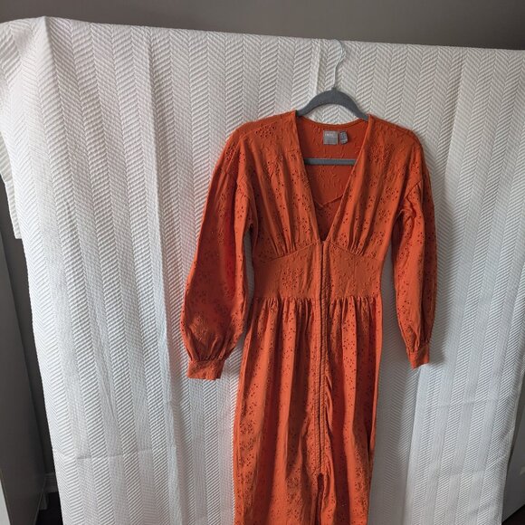 ASOS Orange Broderie Eyelet Cotton Midi Dress Boho Size 0 100% Cotton Fall - Picture 2 of 11